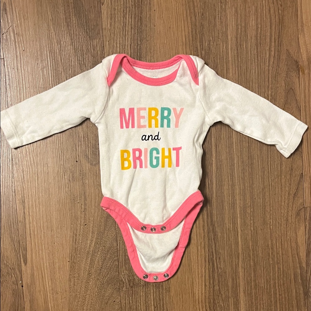 Merry and Bright White & Pink Long-Sleeve Baby One-Piece